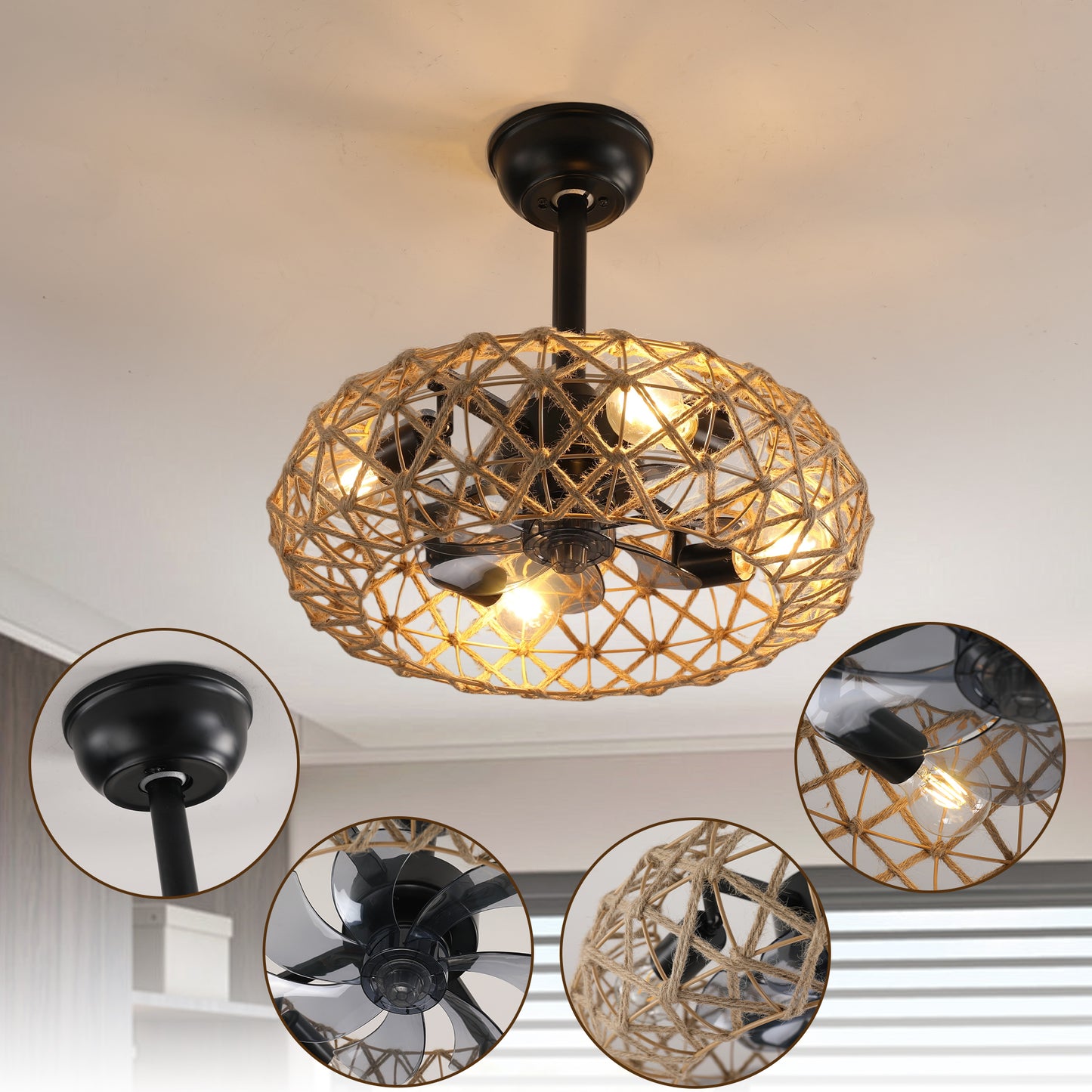 19" Hemp Rope Woven Ceiling Fan with 4 bulbs, Dimmable, 7 Blades, Reversible DC motor.