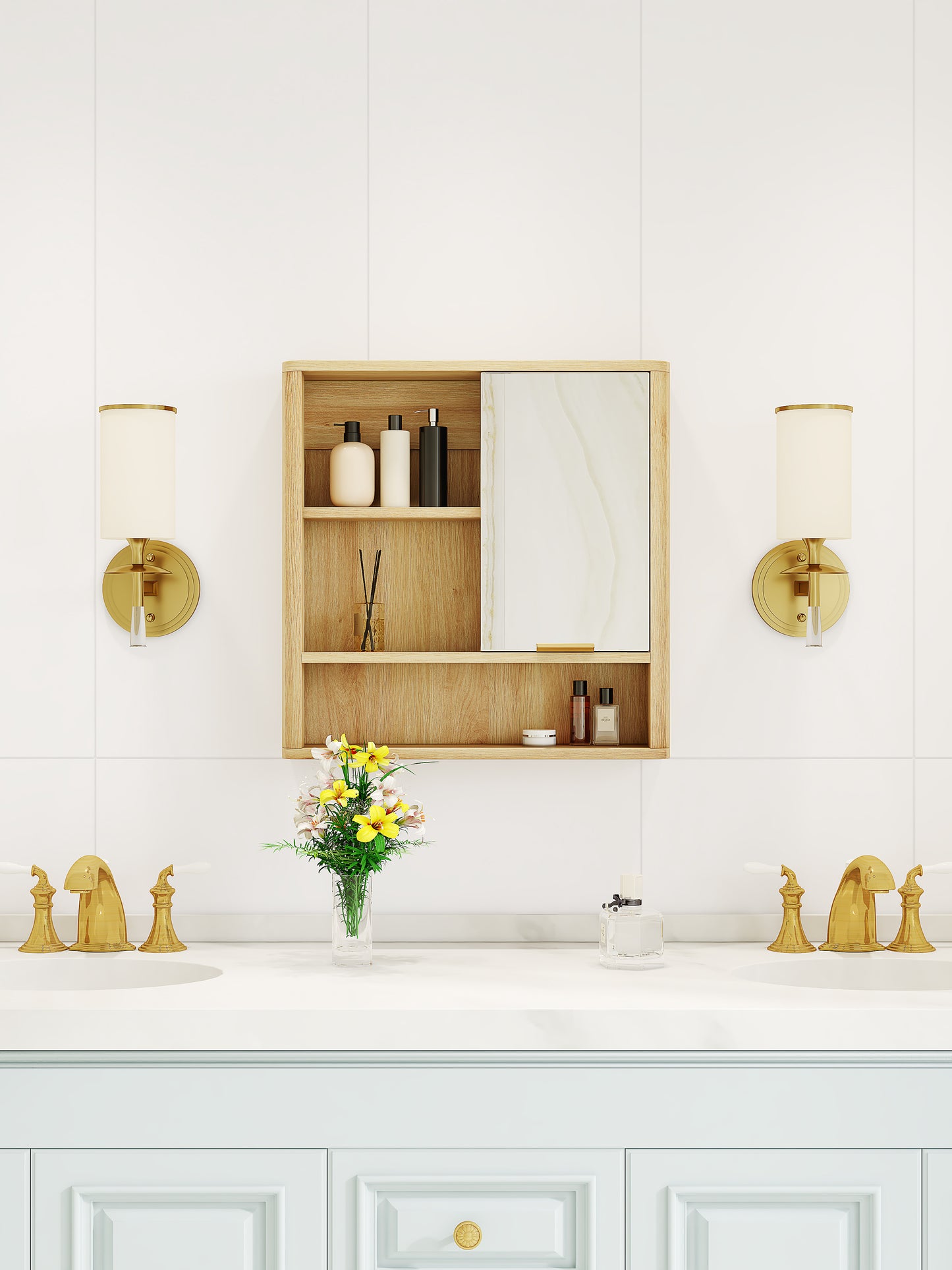 Wood Finish Wall Mounted Mirror Cabinet - Bathroom Storage