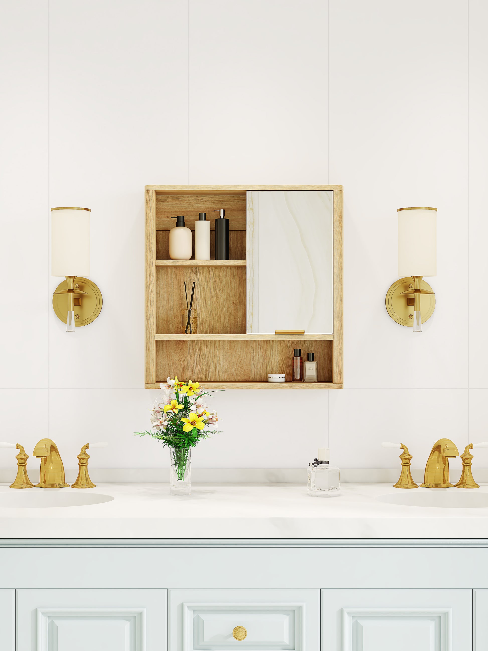 Wood Finish Wall Mounted Mirror Cabinet - Bathroom Storage