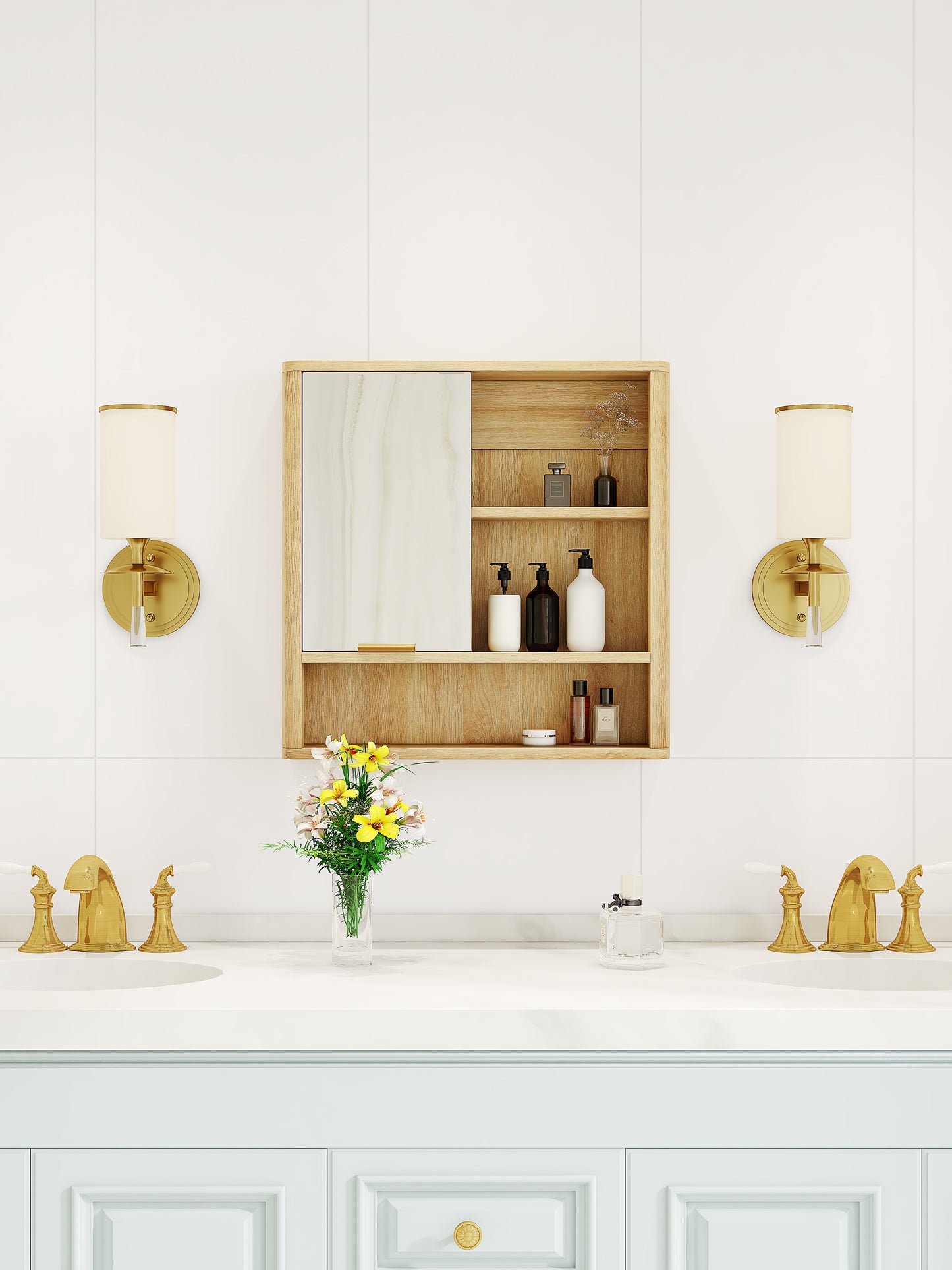 Wood Finish Wall Mounted Mirror Cabinet - Bathroom Storage