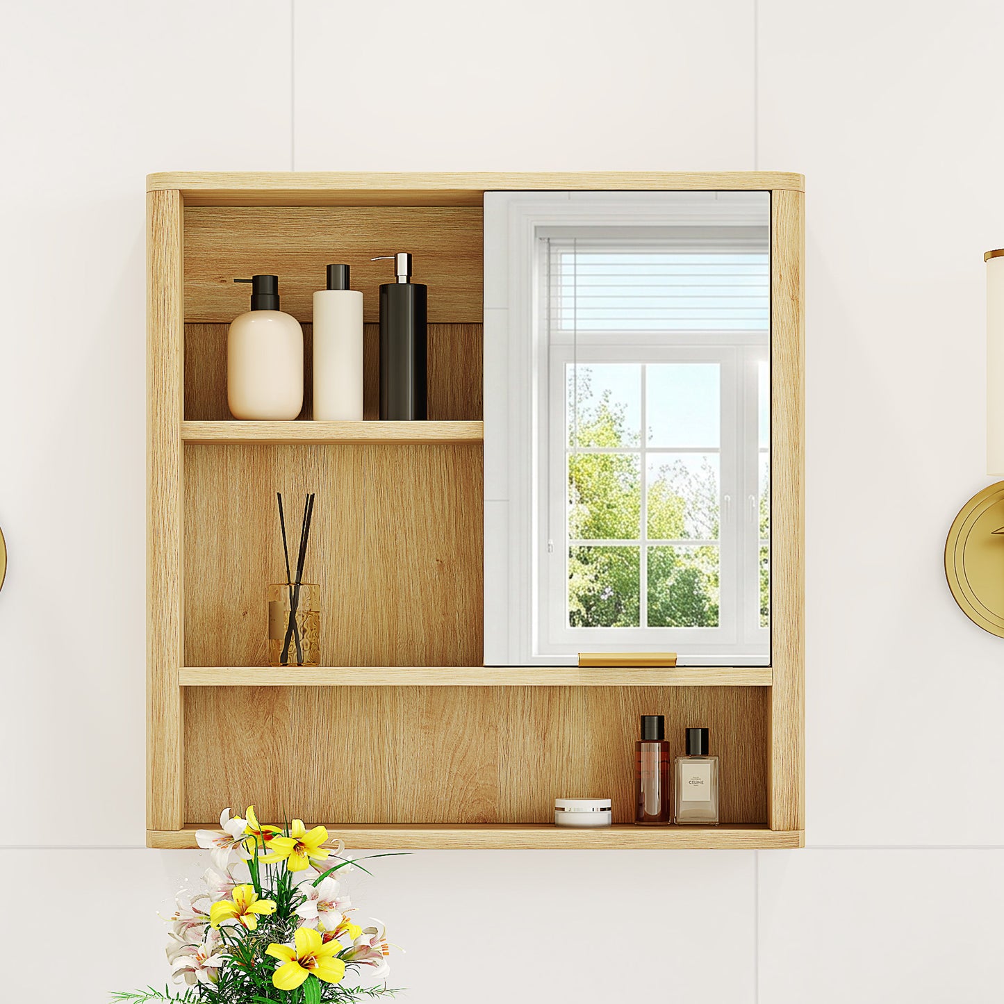 Wood Finish Wall Mounted Mirror Cabinet - Bathroom Storage