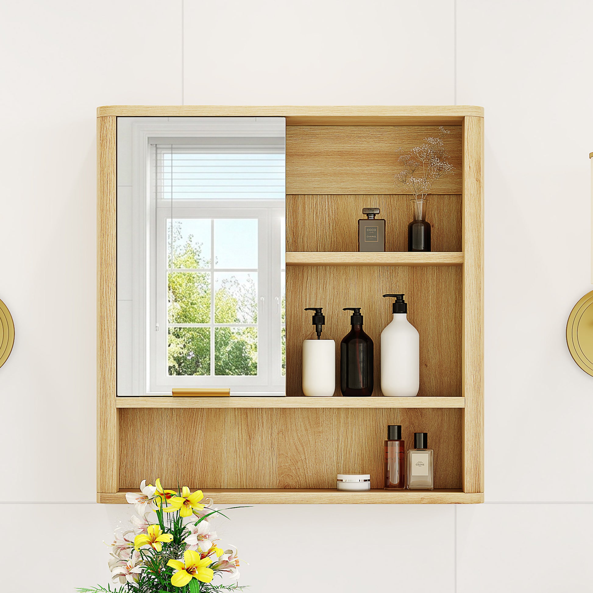 Natural Wood Finish Wall Mounted Mirror Cabinet, MDF Bathroom Storage Organizer with Open Shelves & Single Door for Bathroom, Vanity, Laundry Room