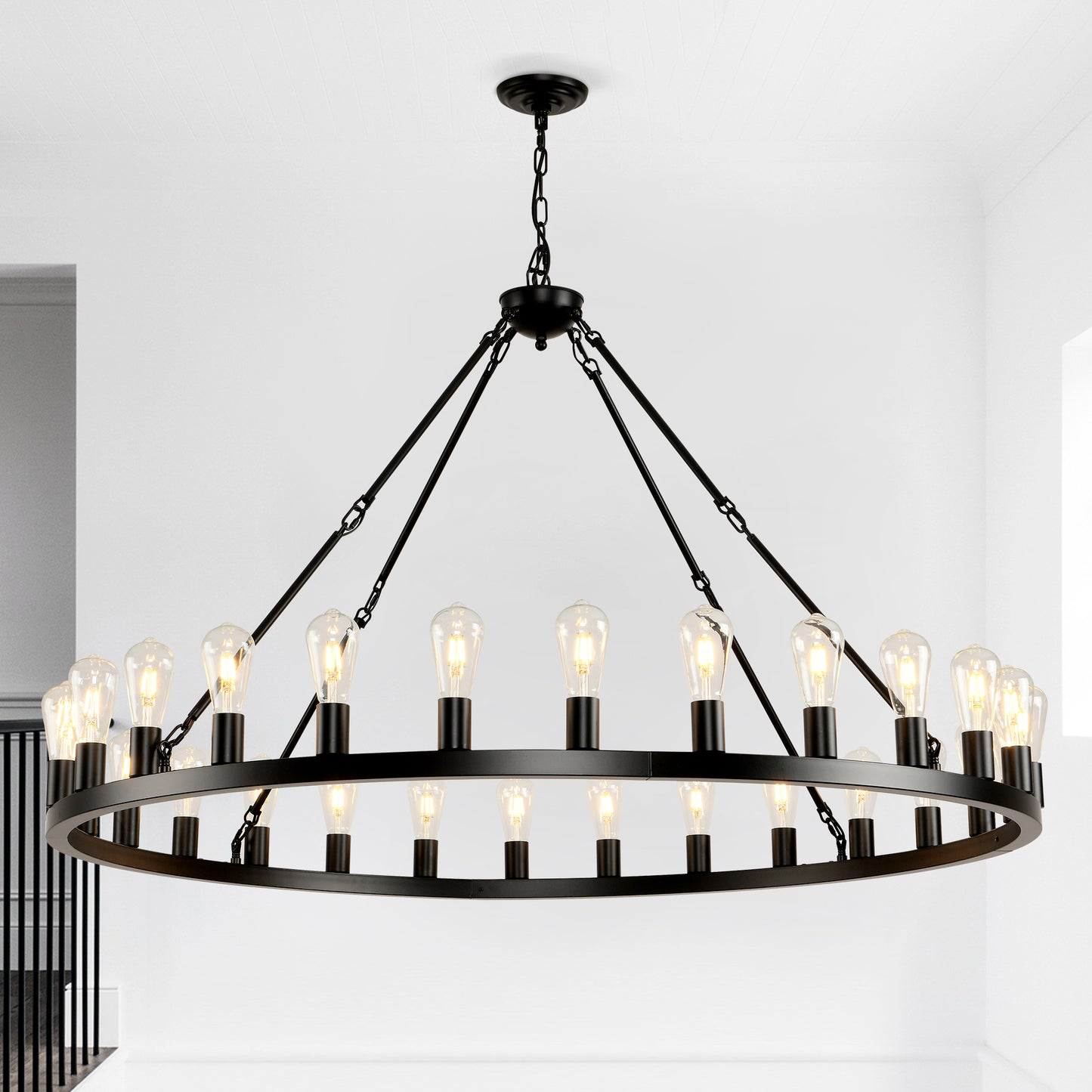 53.15 Inch Black Extra Large Wagon Wheel Chandelier, 28-Lights Farmhouse Industrial Round High Ceiling Pendant Light Adjustable Chain, for Dining Room, Living Room-E26
