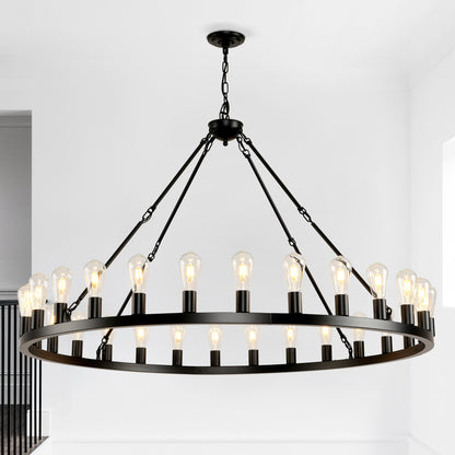 53.15 Inch Black Extra Large Wagon Wheel Chandelier, 28-Lights Farmhouse Industrial Round High Ceiling Pendant Light Adjustable Chain, for Dining Room, Living Room-E26