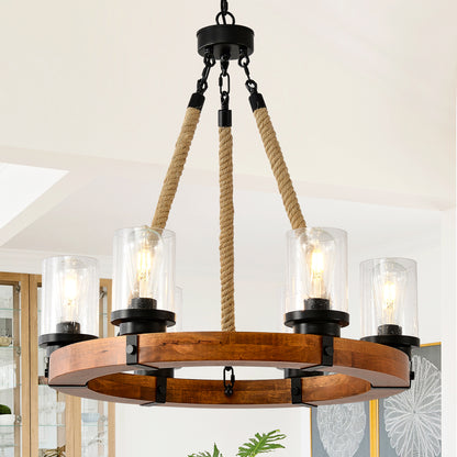 23.62 INCH Round Wood Pendant Light with Seeded  Glass Shade, Rustic 6-Light Wagon Wheel Chandelier,Farmhouse Chandeliers for Dining Room Kitchen Island Foyer Entryway (8 Light)--NO INCLUDED BULBS