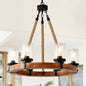 23.62 INCH Round Wood Pendant Light with Seeded  Glass Shade, Rustic 6-Light Wagon Wheel Chandelier,Farmhouse Chandeliers for Dining Room Kitchen Island Foyer Entryway (8 Light)--NO INCLUDED BULBS