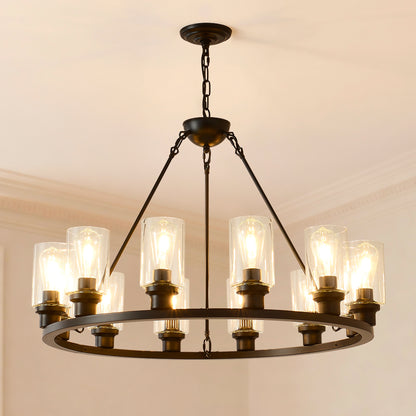 Black Wagon Wheel Chandelier 34.5 Inch Modern Farmhouse Glass Pendant Light 12-Light Ceiling Hanging Lighting Fixtures for Living Room Dining Room Kitchen Island Foyer--NO INCLUDED BULBS