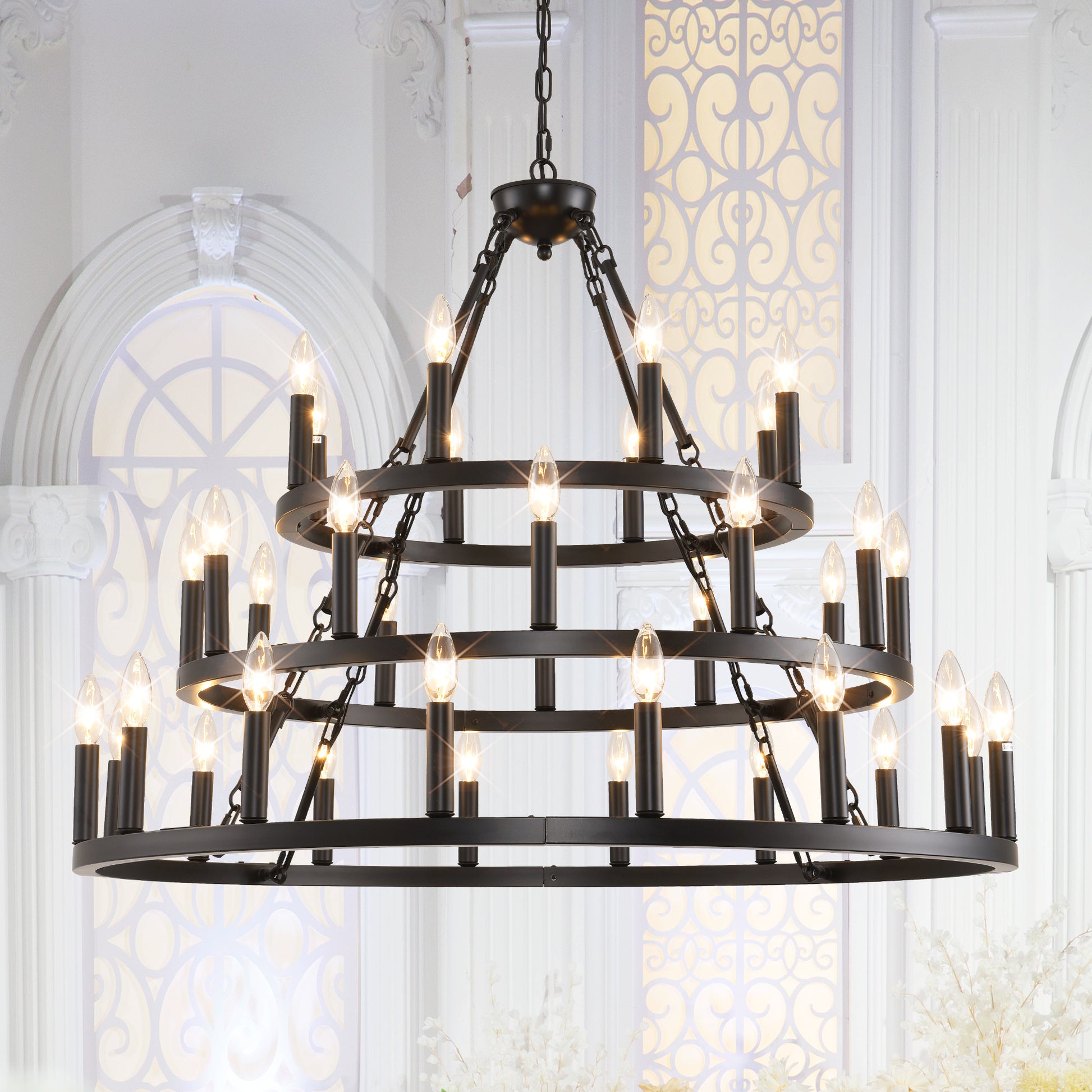 39.37 INCH 3 Tiers Wagon Wheel Chandelier  Farmhouse 36-Light(8+12+16) , Black Metal Chandeliers 3-Story Light Fixtures Industrial for High Ceiling Living Dining Room Foyer. Adjustable Height-E12