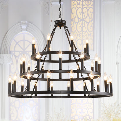 39.37 INCH 3 Tiers Wagon Wheel Chandelier  Farmhouse 36-Light(8+12+16) , Black Metal Chandeliers 3-Story Light Fixtures Industrial for High Ceiling Living Dining Room Foyer. Adjustable Height-E12