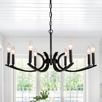 8-Light Farmhouse Chandelier, Black Metal Chandeliers  Light Fixtures Industrial for High Ceiling Living Dining Room Foyer. Adjustable Height-E12