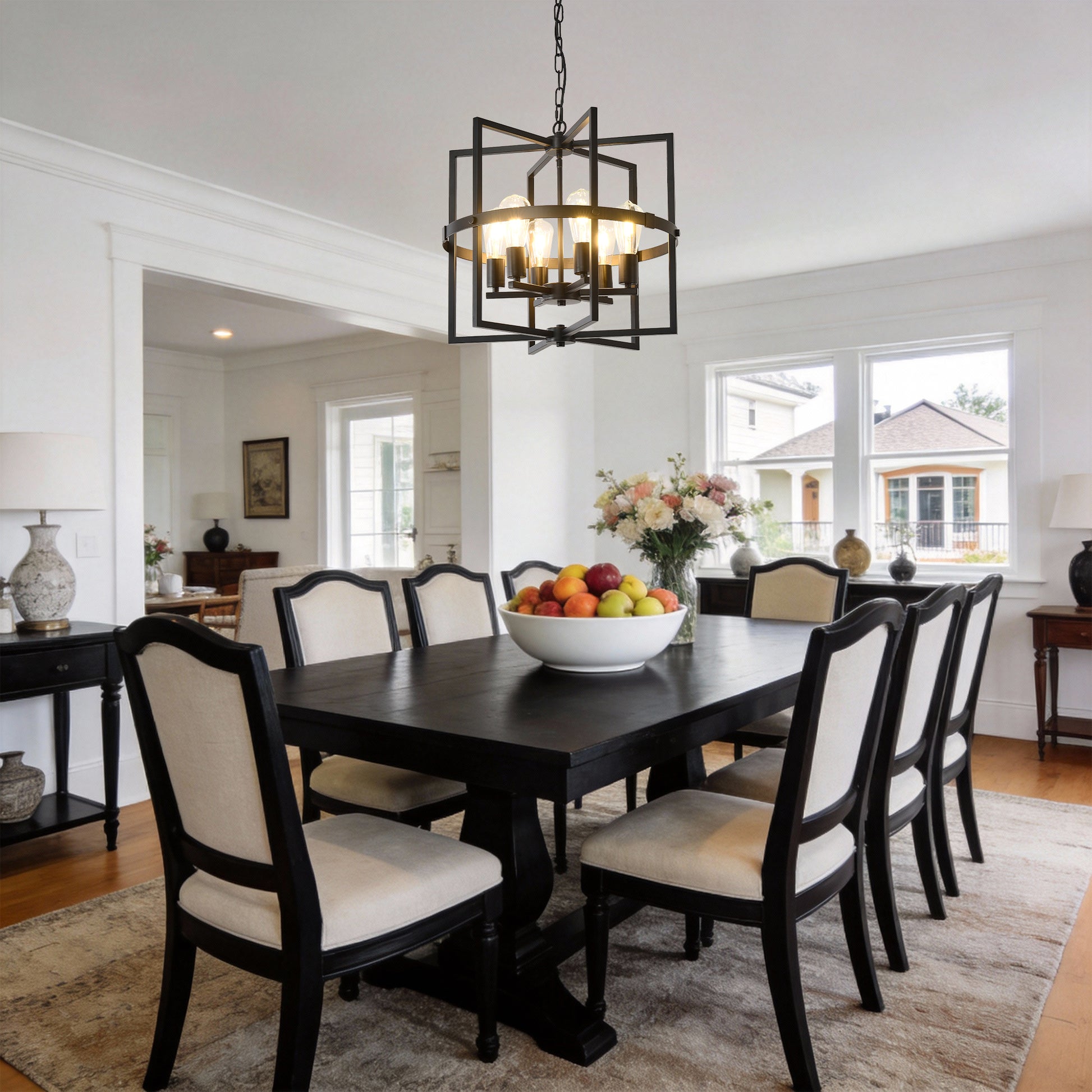 6-Light Metal Lantern Tiered Pendant Hanging Light Fixtures, Industrial Farmhouse Adjustable Height Chandeliers for Dining Room Hallway Foyer Entryway--Matte Black (E26 Bulbs Not Included)
