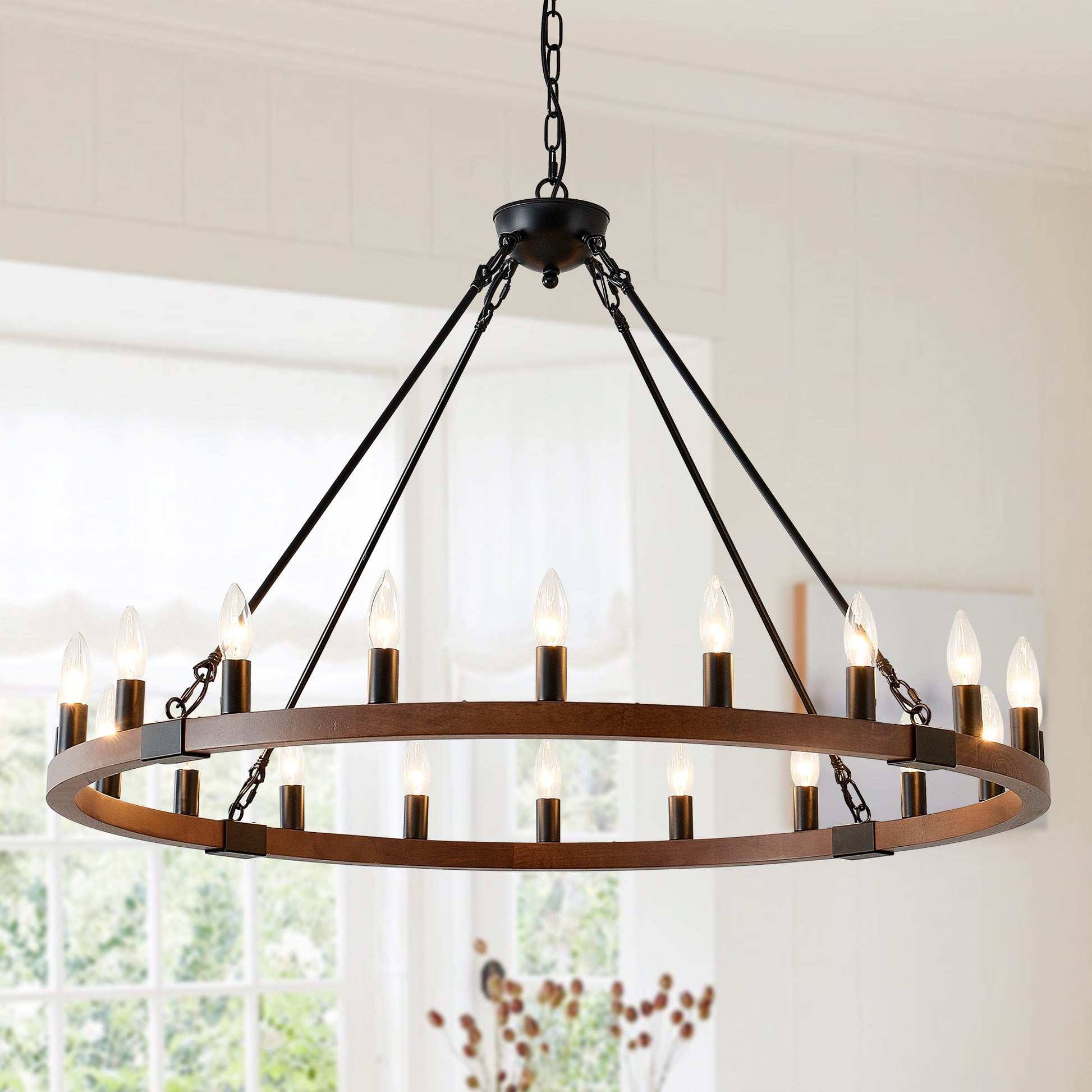39.3 INCH Wood Wagon Wheel Chandelier Modern Farmhouse  Pendant Light 20-Light Ceiling Hanging Lighting Fixtures for Living Room Dining Room Kitchen Island Foyer--NO INCLUDED BULBS--WOOD + Matte Black