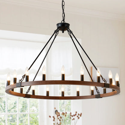 39.3 INCH Wood Wagon Wheel Chandelier Modern Farmhouse  Pendant Light 20-Light Ceiling Hanging Lighting Fixtures for Living Room Dining Room Kitchen Island Foyer--NO INCLUDED BULBS--WOOD + Matte Black