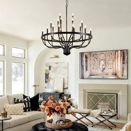 24-Light Black Chandelier Industrial Iron Candle Chandelier Modern Suspended Farmhouse Chandeliers Pendant Light Fixtures for Dining Room Bedroom Living Room Kitchen Island Foyer E12 Bulb (NO Include)