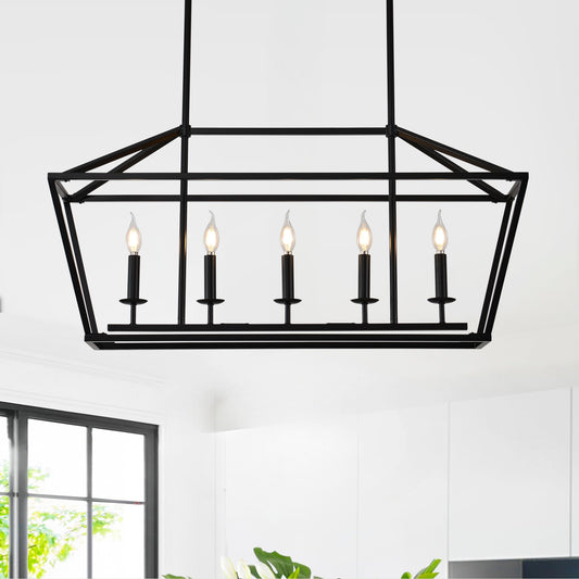 5-Light Farmhouse Kitchen Island Lighting,5 Light Industrial Linear Chandelier for Dining Room Metal Matte Black Finish Hanging Pendant Light Fixture for Bedroom Living Room Hallway Conference Room