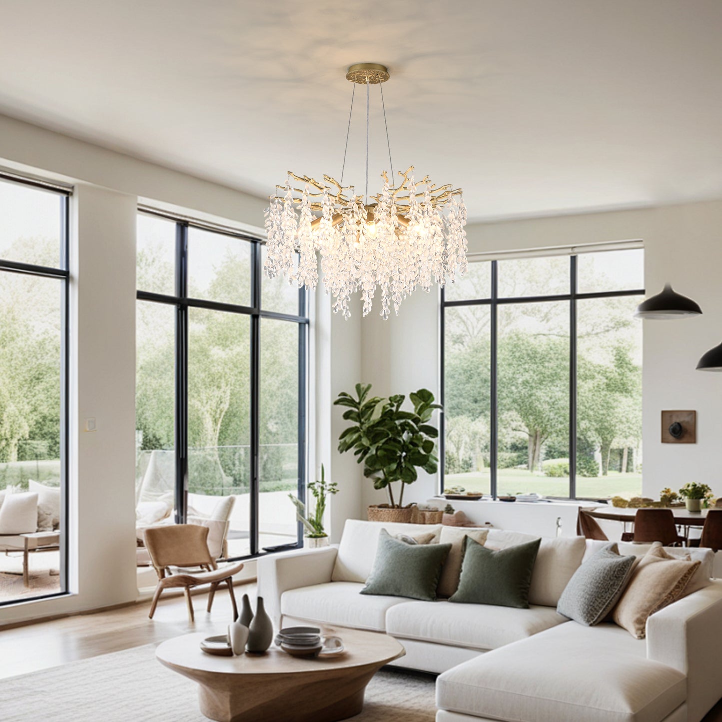 8 Light Gold Metal Farmhouse Chandelier with Crystal Accent for Dining Room