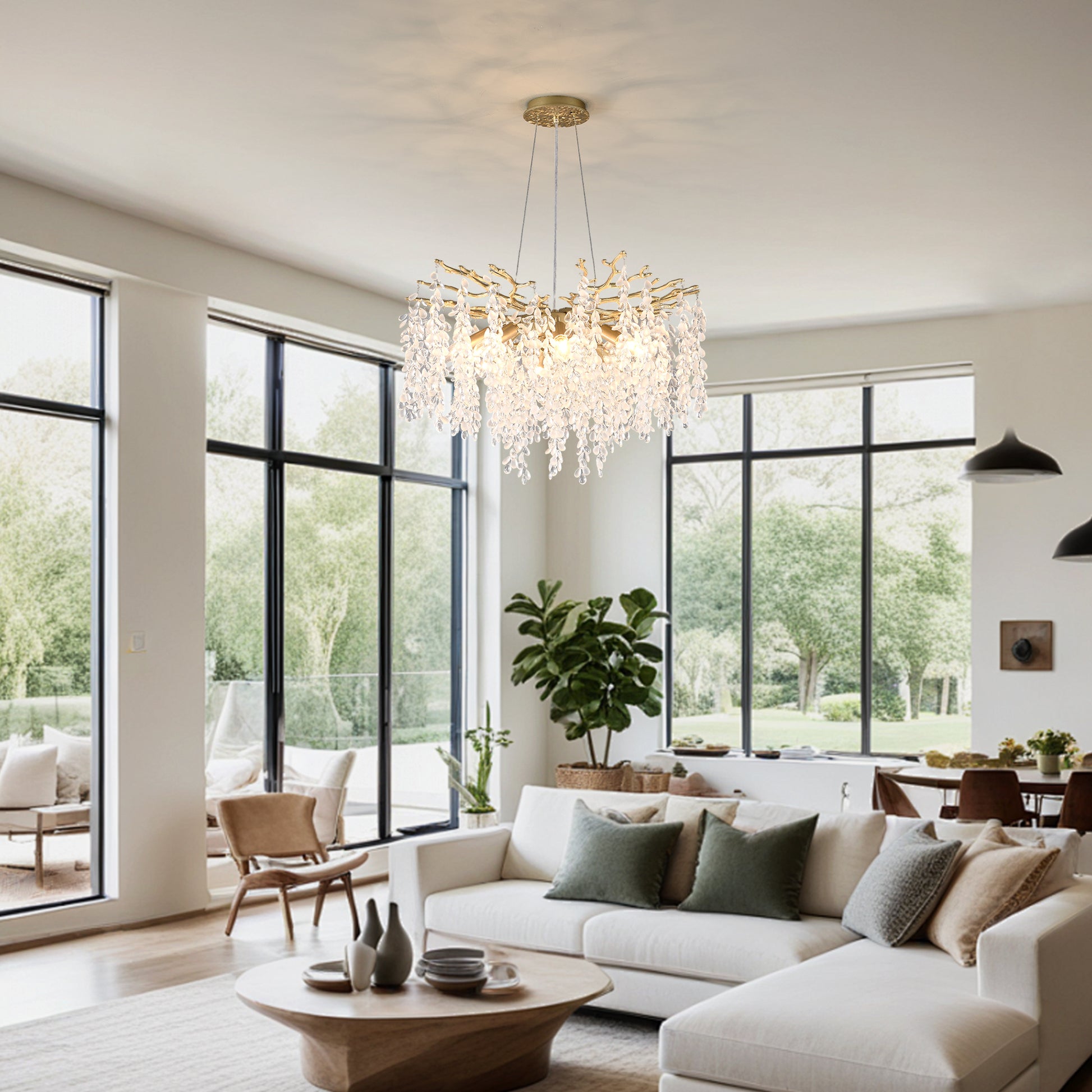 8 Light Gold Metal Farmhouse Chandelier with Crystal Accent for Dining Room