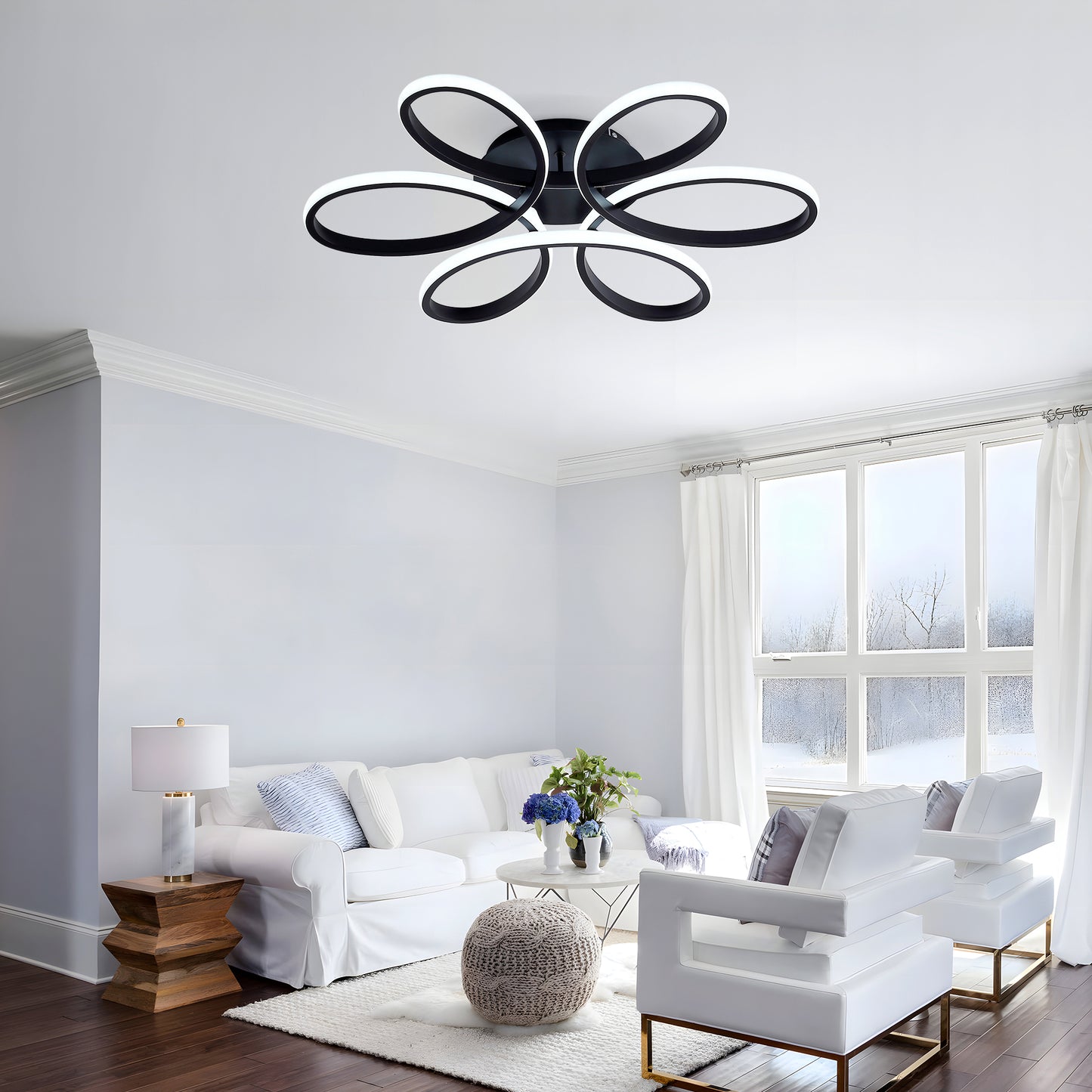 23 Inch Modern Flower Ceiling Light - Black Dimmable Lamp for Living Room Bedroom