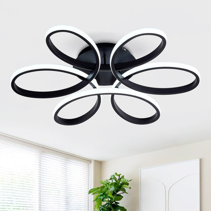 23 inch Modern LED Ceiling Light, 6 Rings Flower Flush Mount Light Fixture with Remote Control Black Dimmable Ceiling Lamp for Living Room, Bedroom, Dining Room, Hallway, Kitchen