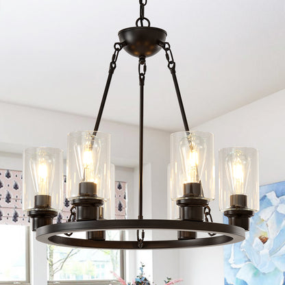 23.62'' Modern 6-Light Black Wagon Wheel Chandelier With Light(No Bulbs) For Bedroom Bathroom,Living Room--E26--Coffee Brown