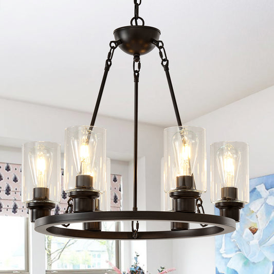 23.62'' Modern 6-Light Black Wagon Wheel Chandelier With Light(No Bulbs) For Bedroom Bathroom,Living Room--E26--Coffee Brown