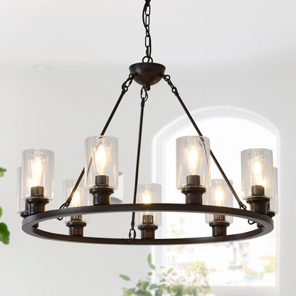 34.25'' Modern 9-Light Black Wagon Wheel Chandelier With Light (No Bulbs) For Living Room Dining Room Kitchen--E26--Coffee Brown