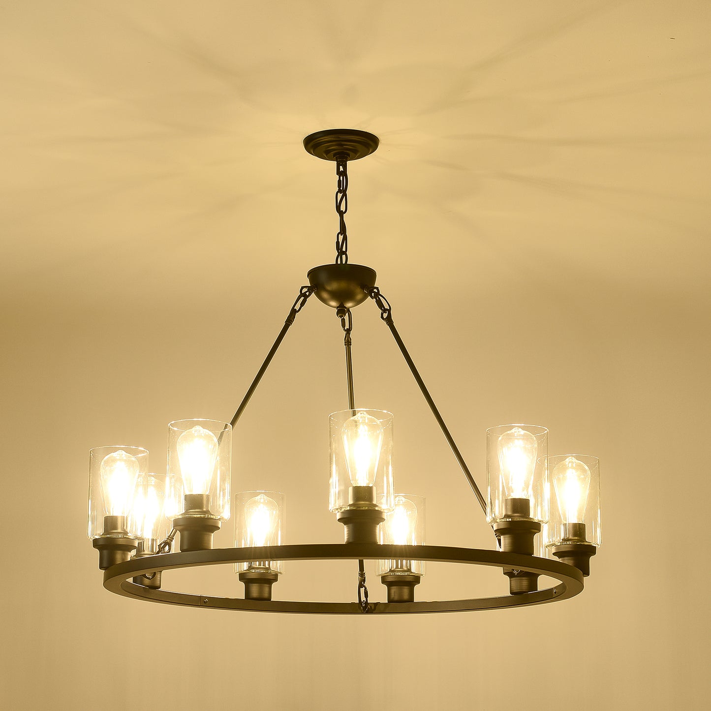 Coffee Wagon Wheel Chandelier - 9 Light Farmhouse Pendant