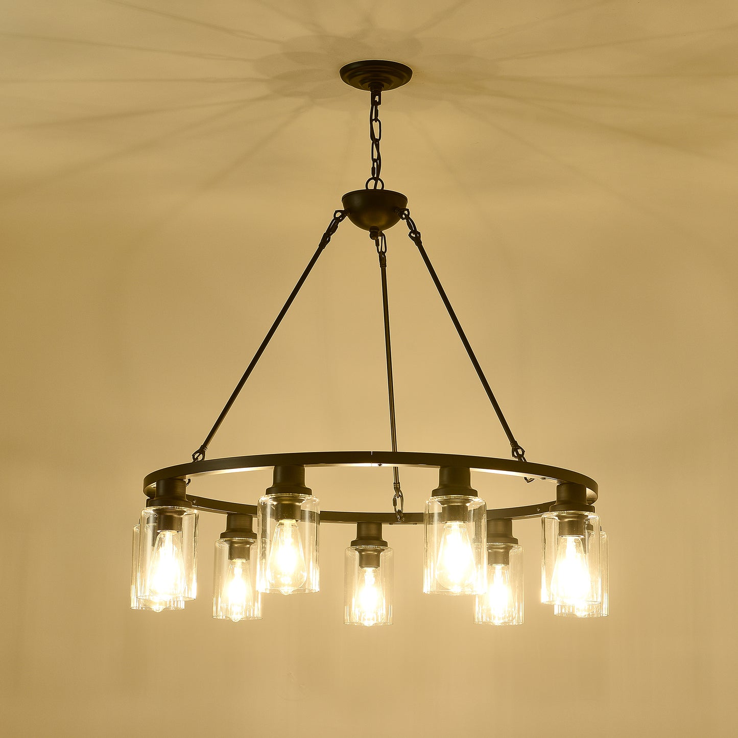 Coffee Wagon Wheel Chandelier - 9 Light Farmhouse Pendant