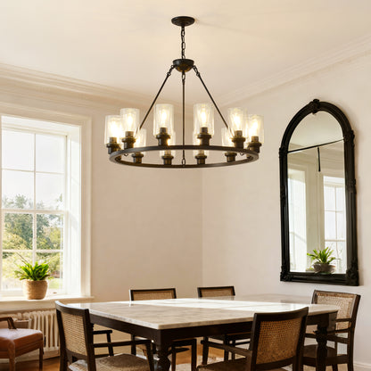 Coffee Wagon Wheel Chandelier - 9 Light Farmhouse Pendant