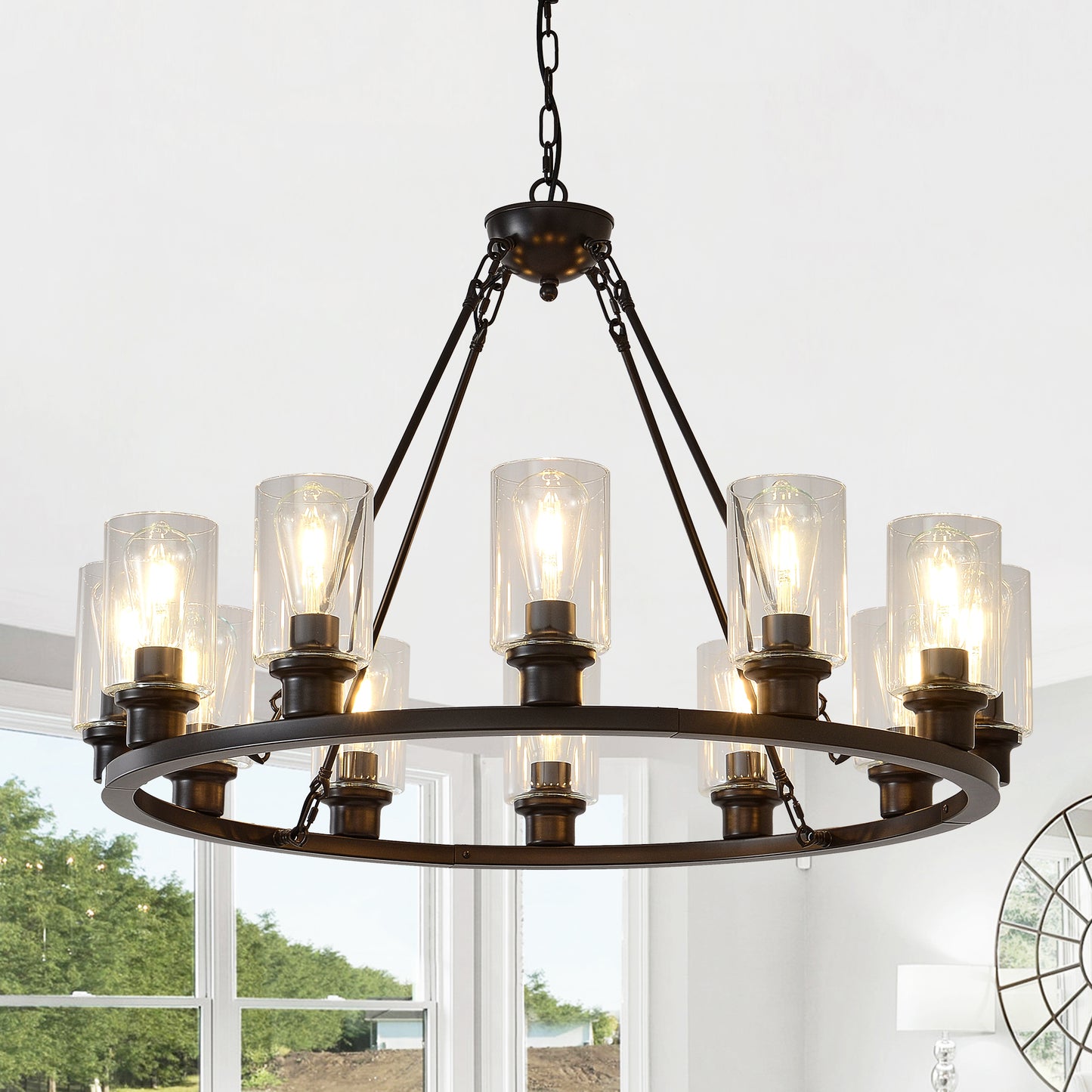 Black Wagon Wheel Chandelier 34.25Inch Modern Farmhouse Glass Pendant Light 12-Light Ceiling Hanging Lighting Fixtures for Living Room Dining Room Kitchen Island Foyer--NO INCLUDED BULBS--Coffee Brown