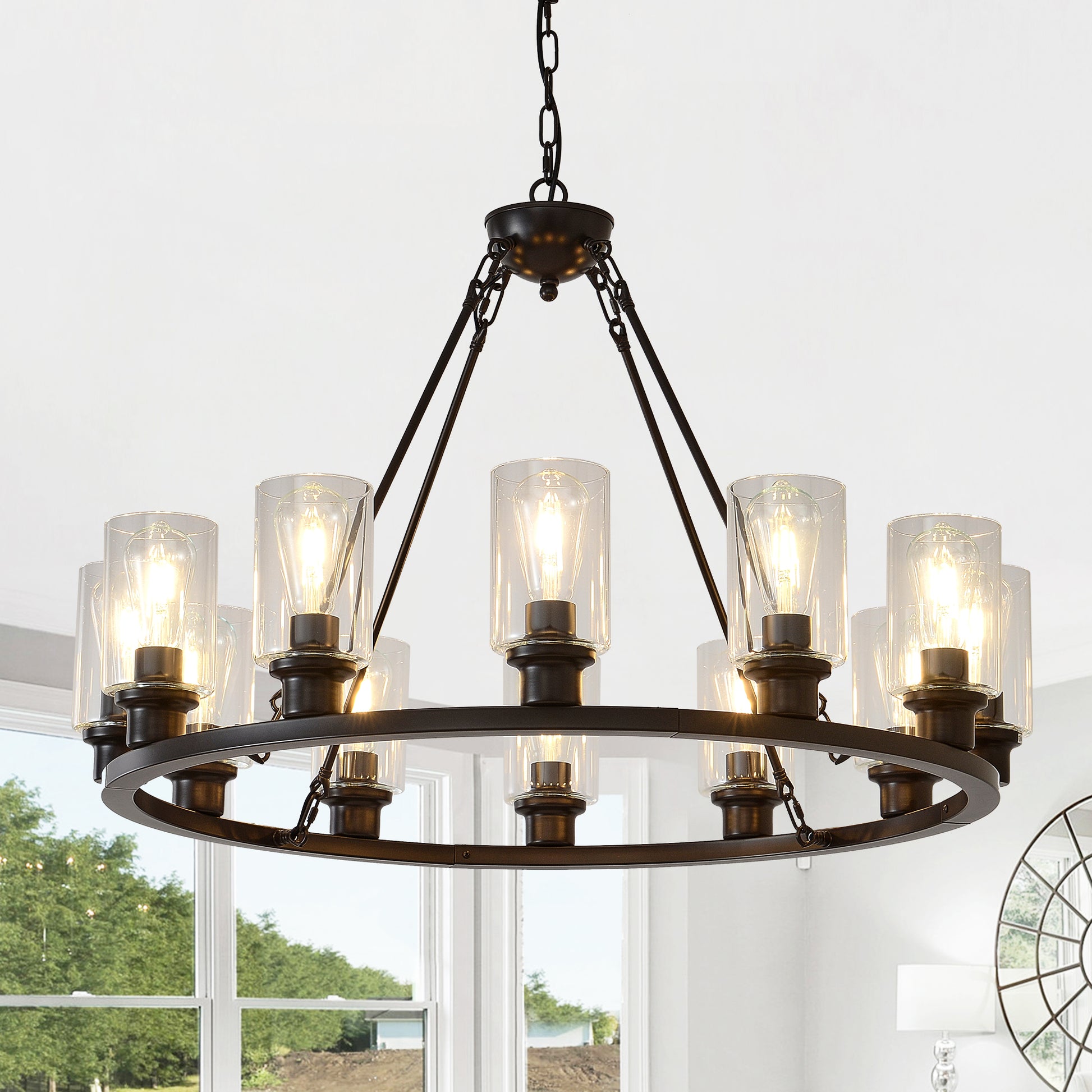 Black Wagon Wheel Chandelier 34.25Inch Modern Farmhouse Glass Pendant Light 12-Light Ceiling Hanging Lighting Fixtures for Living Room Dining Room Kitchen Island Foyer--NO INCLUDED BULBS--Coffee Brown