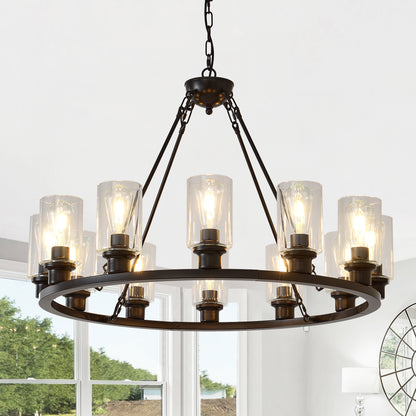 Black Wagon Wheel Chandelier 34.25Inch Modern Farmhouse Glass Pendant Light 12-Light Ceiling Hanging Lighting Fixtures for Living Room Dining Room Kitchen Island Foyer--NO INCLUDED BULBS--Coffee Brown