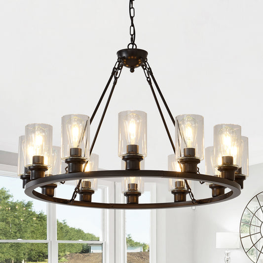 Black Wagon Wheel Chandelier 34.25Inch Modern Farmhouse Glass Pendant Light 12-Light Ceiling Hanging Lighting Fixtures for Living Room Dining Room Kitchen Island Foyer--NO INCLUDED BULBS--Coffee Brown