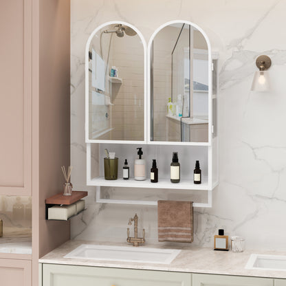 23.62" Modern Double-Arched Mirror Cabinet,2 Doors Medicine Cabinet, Metal Wall Cabinet with Adjustable Shelves and Towel Rack, Mirror Cabinet with Storage for Bathroom, Living Room and Bedroom, White