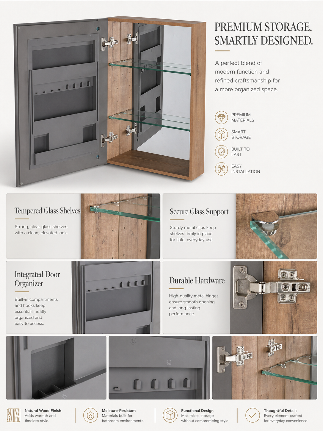 Bathroom Mirror Cabinet with Storage - Oak Finish