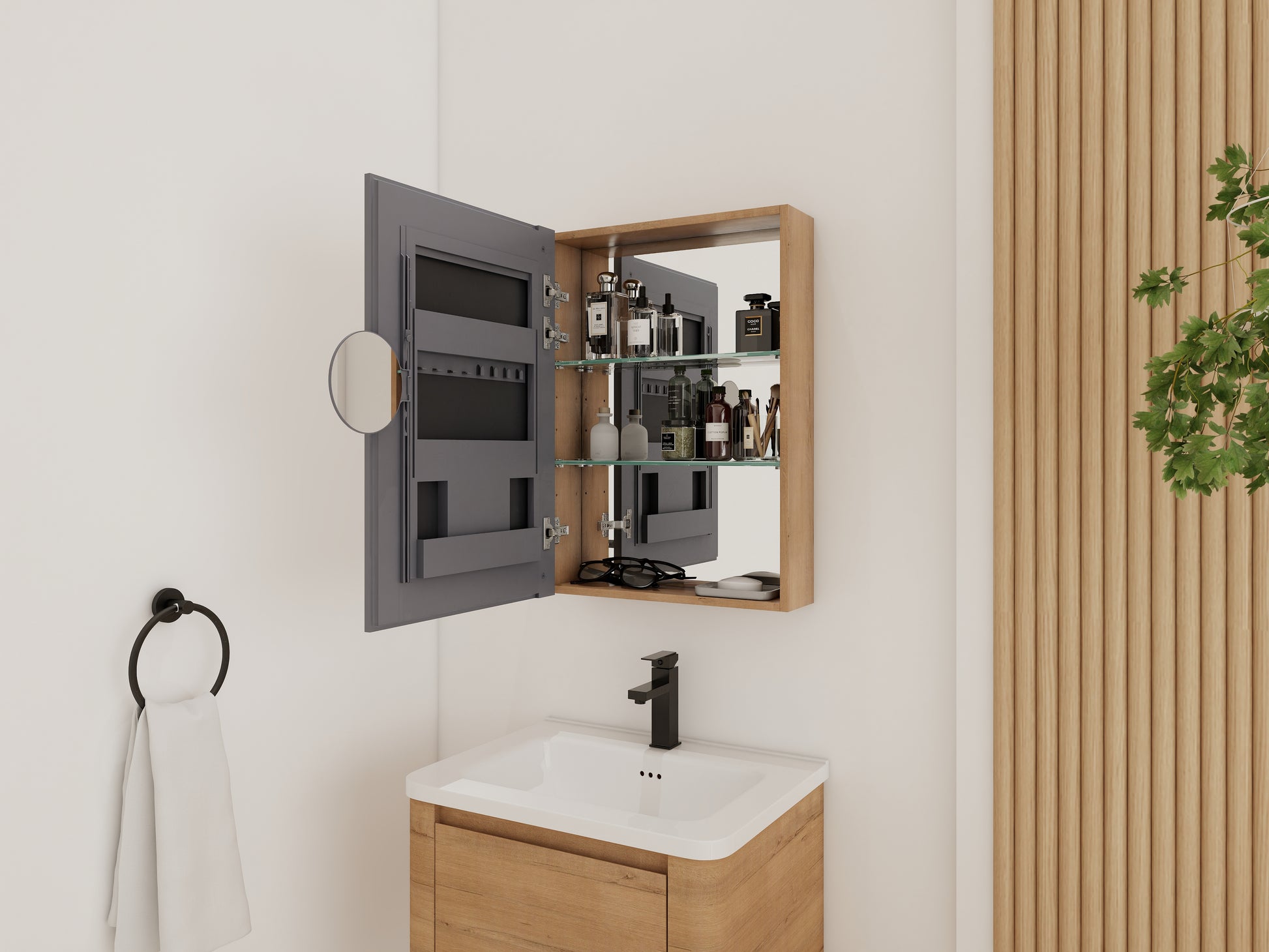 Bathroom Mirror Cabinet with Storage - Oak Finish
