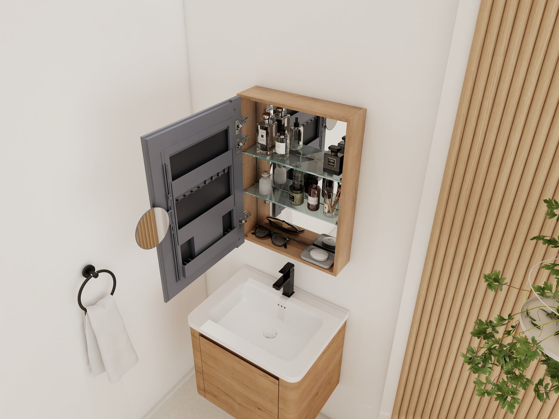 Bathroom Mirror Cabinet with Storage - Oak Finish