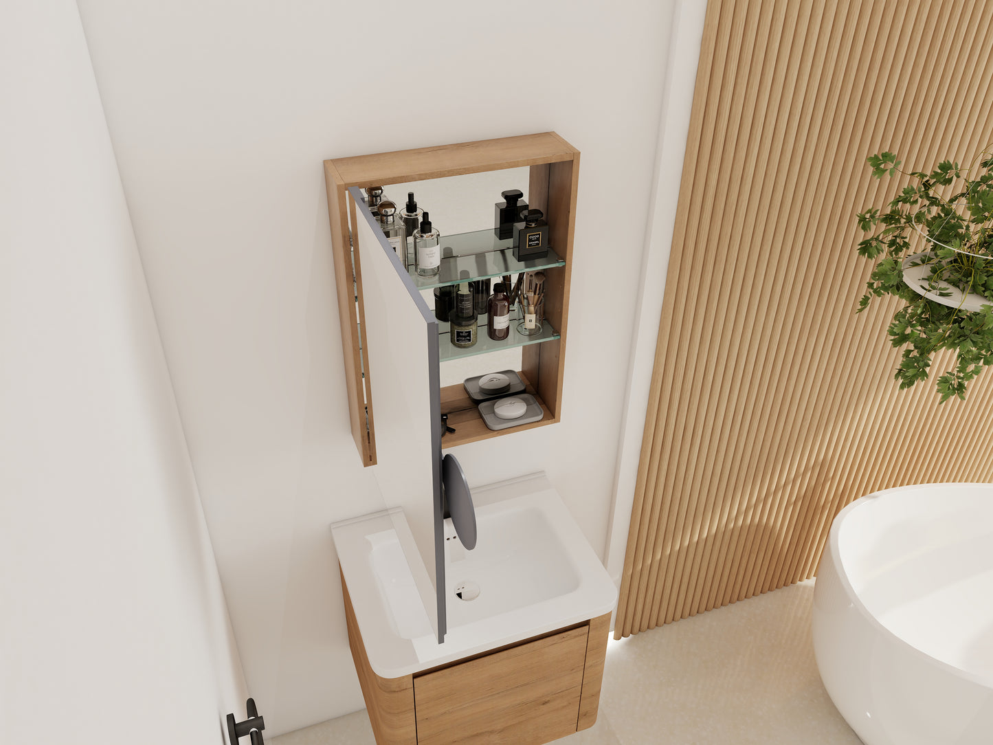 Bathroom Mirror Cabinet with Storage - Oak Finish