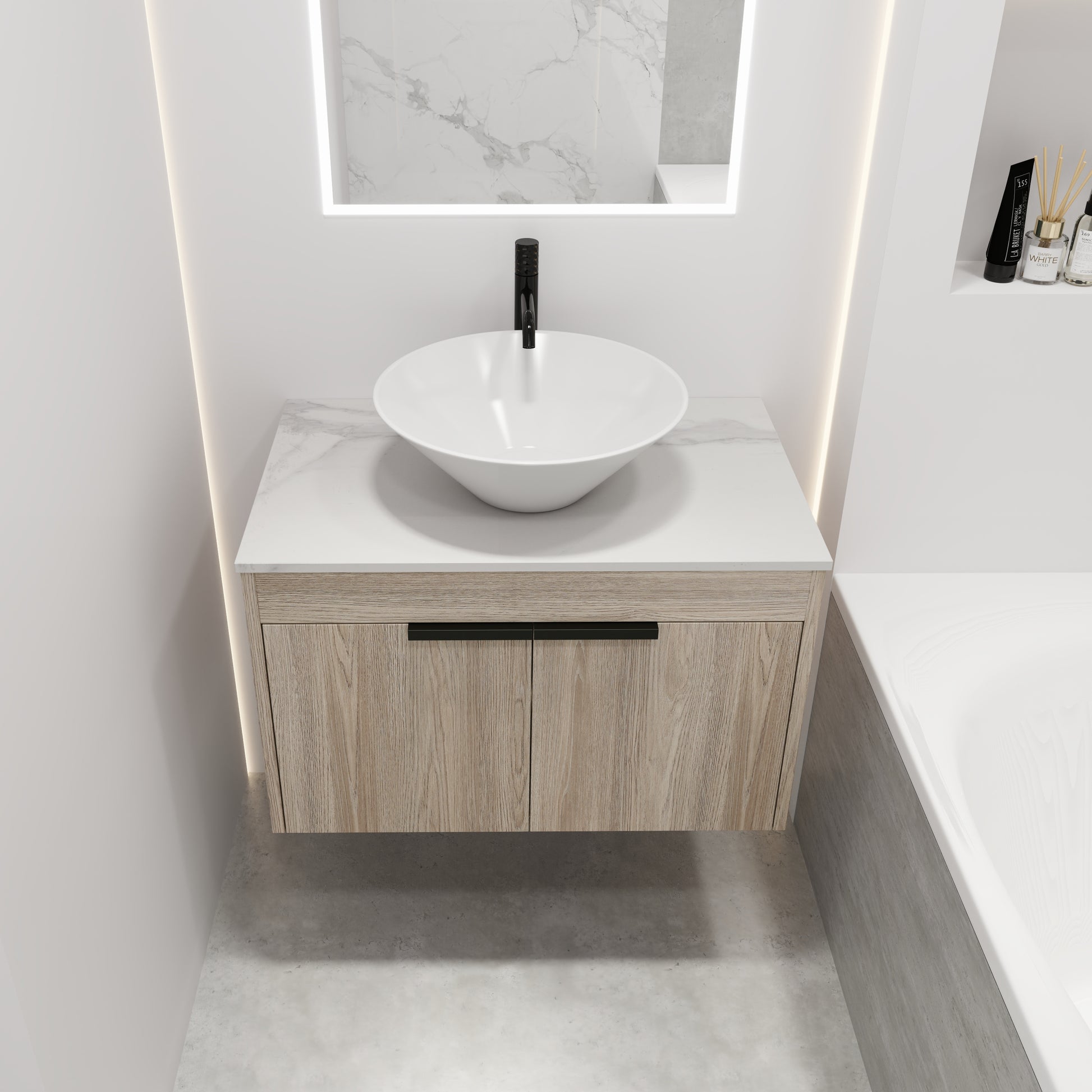 White Oak Floating Bathroom Vanity with Wall Mount Design
