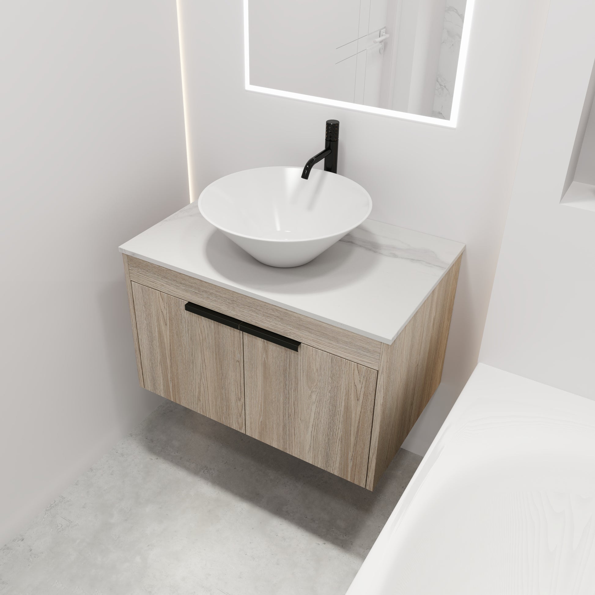 White Oak Floating Bathroom Vanity with Wall Mount Design