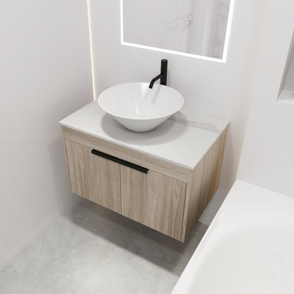 White Oak Floating Bathroom Vanity with Wall Mount Design