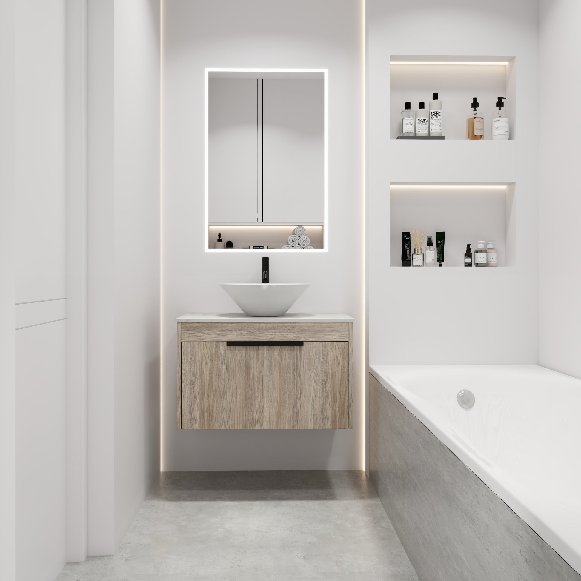 White Oak Floating Bathroom Vanity with Wall Mount Design