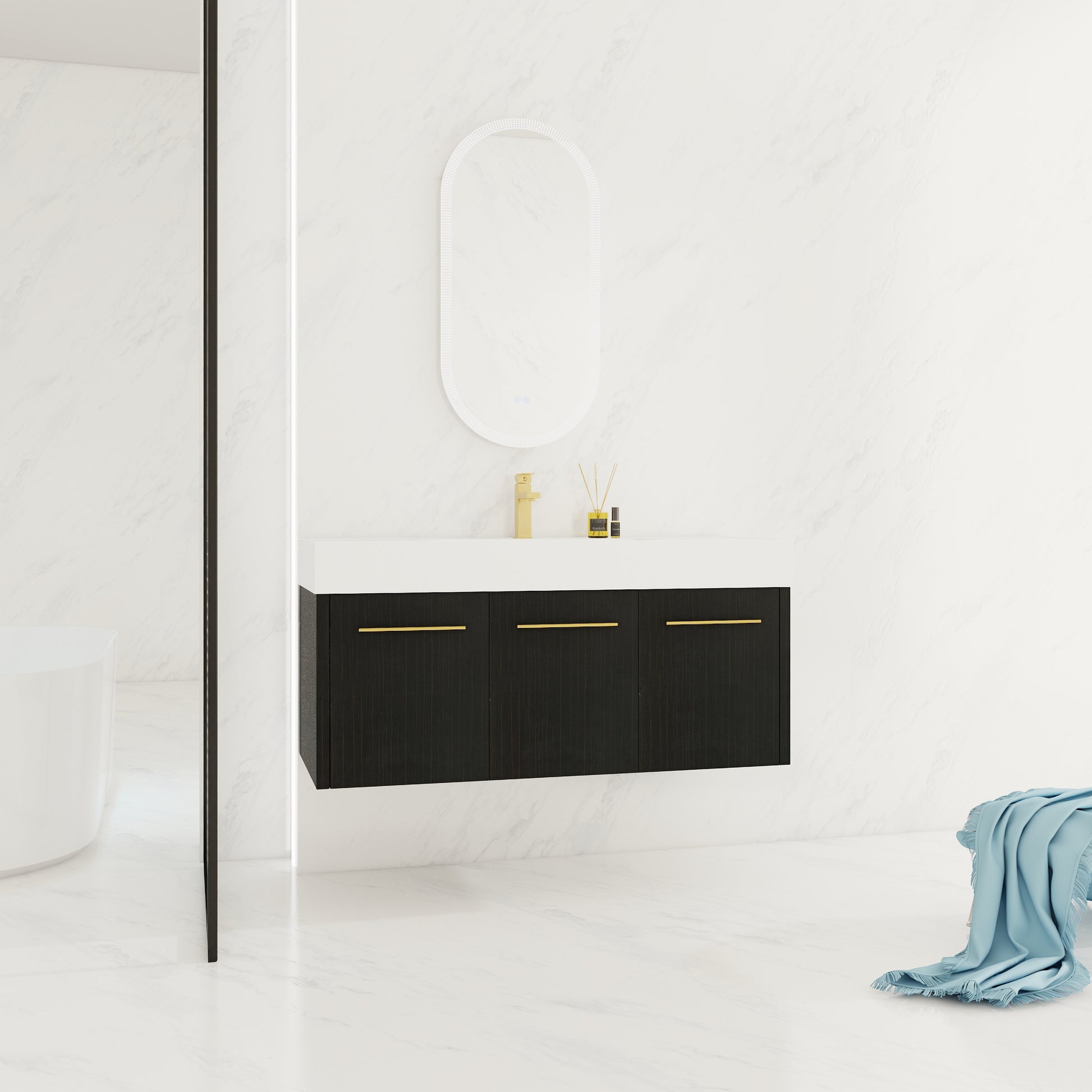 Wall Mounted Bathroom Vanity with Sink - 48 Inch Black Chestnut