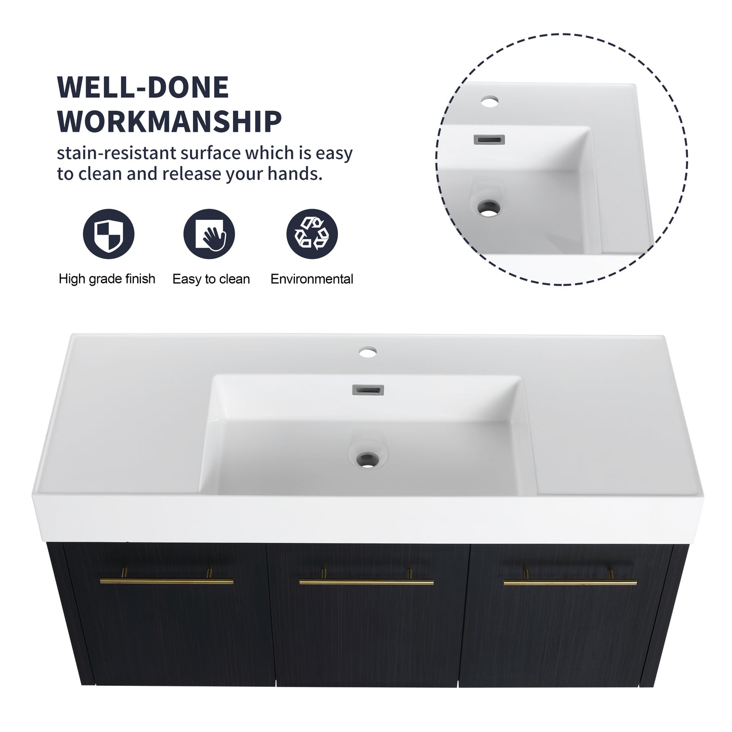 Wall Mounted Bathroom Vanity with Sink - 48 Inch Black Chestnut