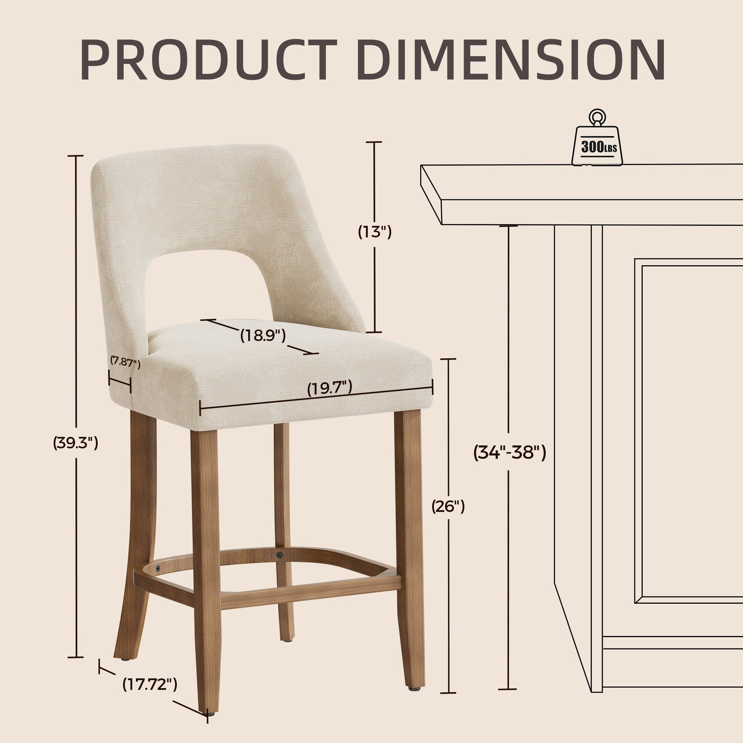 Bar Stools Set of 2, Upholstered Counter Height Bar Stools, Modern Counter Stools with Wood Legs for Kitchen Island Dining Room Bar