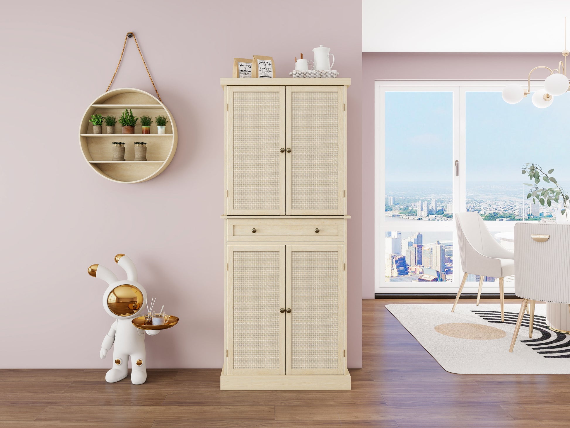 4 Door Cabinet with 1 Drawer, with 4 Adjustable Inner Shelves, Storage Cabinet