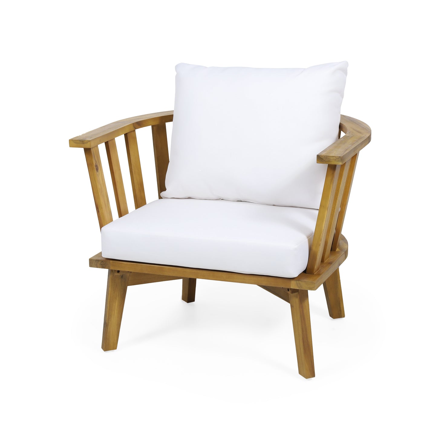 White Acacia Wood Outdoor Club Chair with Curved Backrest and Cushions for Patio, Garden, and Porch