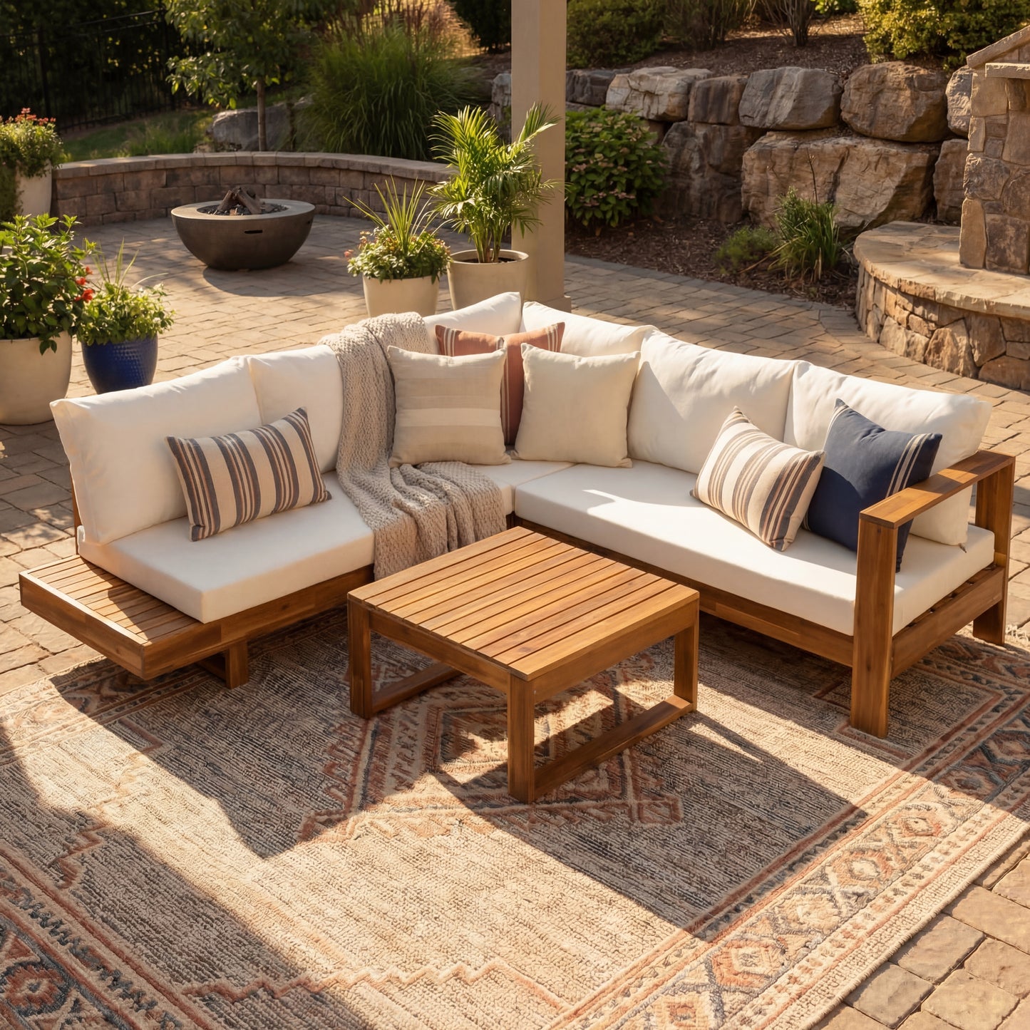 4-Piece Acacia Wood Sectional Patio Sofa Set with Cushions