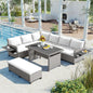 5-Piece PE Wicker L-Shaped Patio Sectional Sofa Set with Dining Table, Extendable Side Tables, and White Cushions