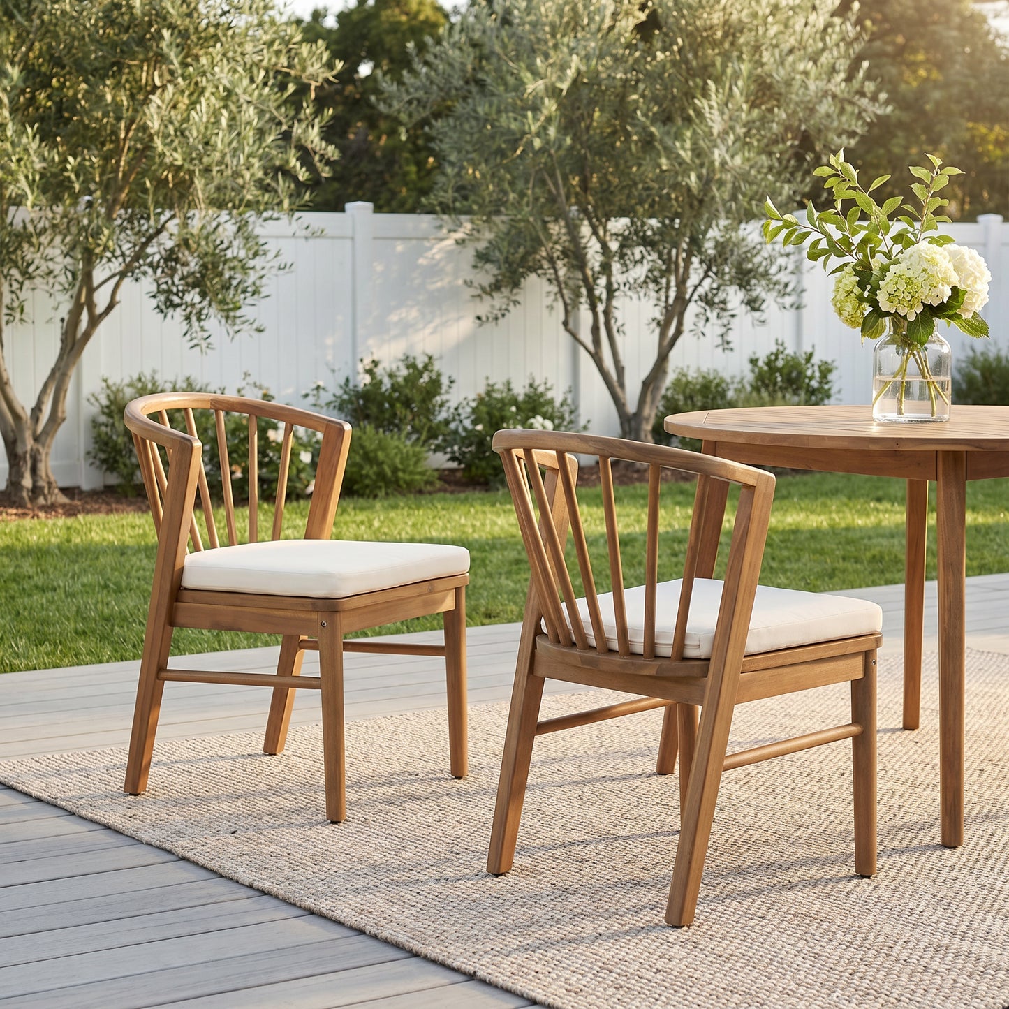Set of 2 Acacia Wood Patio Dining Chairs with Cream Cushions, Teak Finish